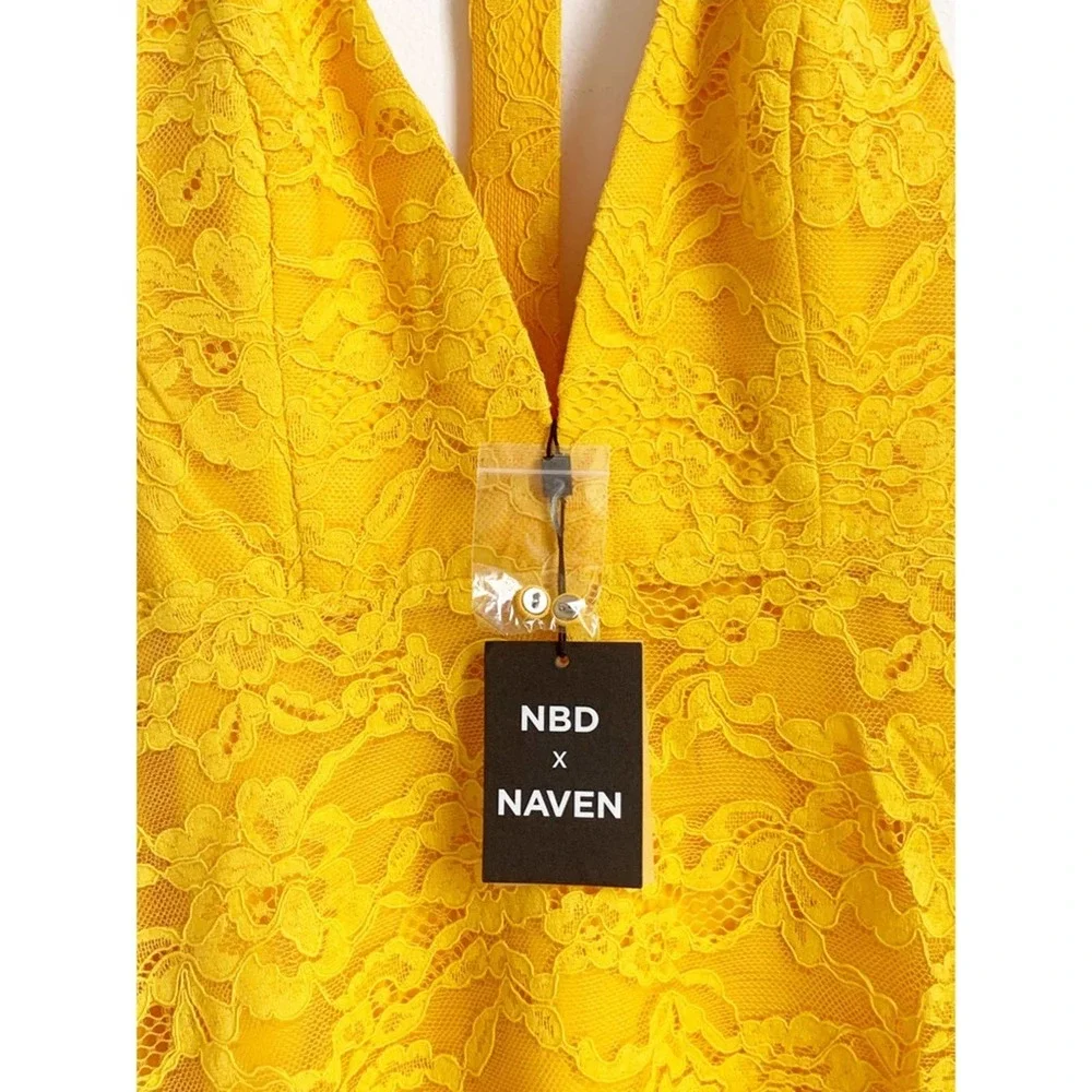 NWT NBD x Naven Dress in Bright Yellow Gold Mini Skater Lace Mini - Picture 5 of 9
